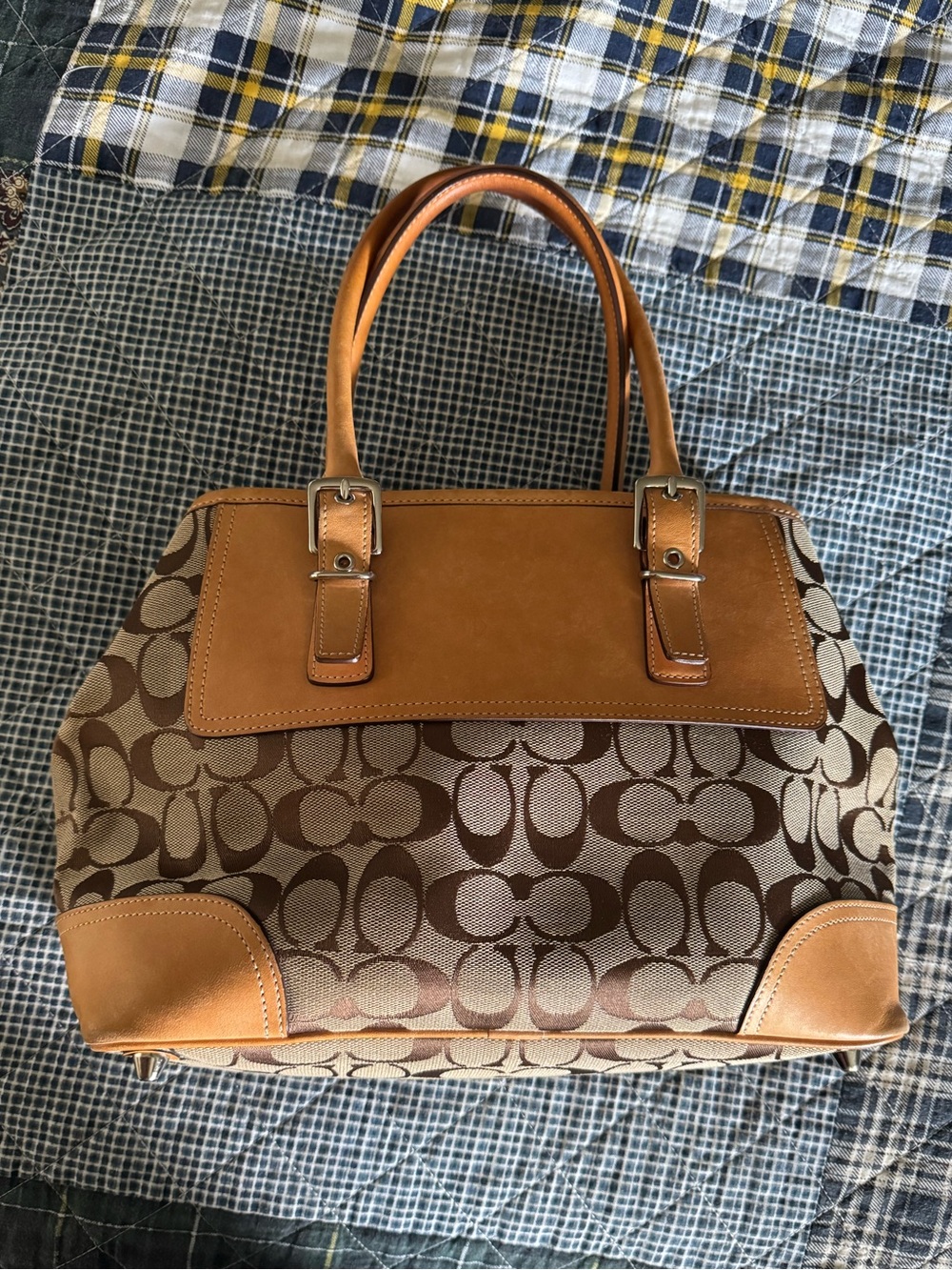 GUC Coach 2001 Y2K Tan Signature Shoulder Bag with Tan Leather Accents